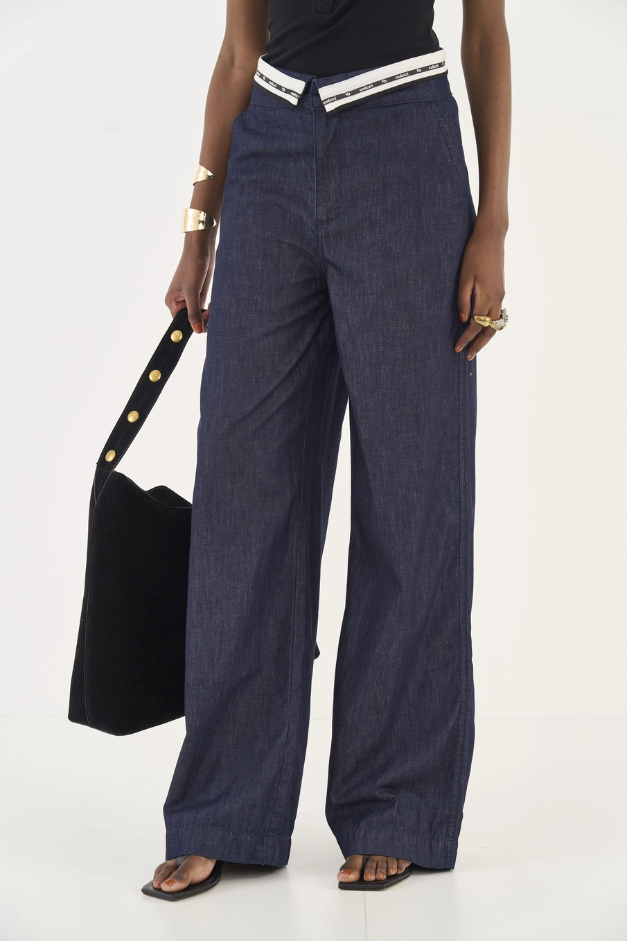 Calça Jeans Joana Wide Leg Cós Com Sobreposição Índigo