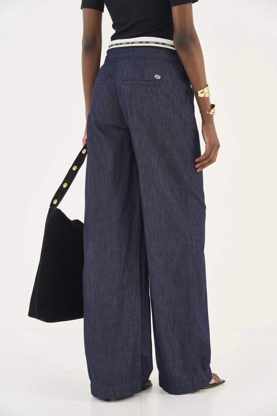 Calça Jeans Joana Wide Leg Cós Com Sobreposição Índigo