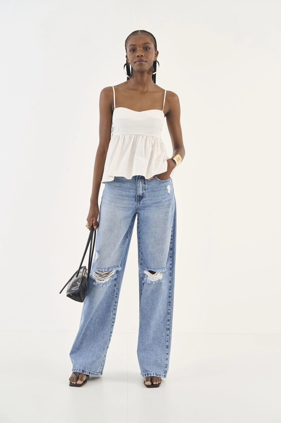 Calça Jeans Juliette Wide Leg Com Puídos Índigo