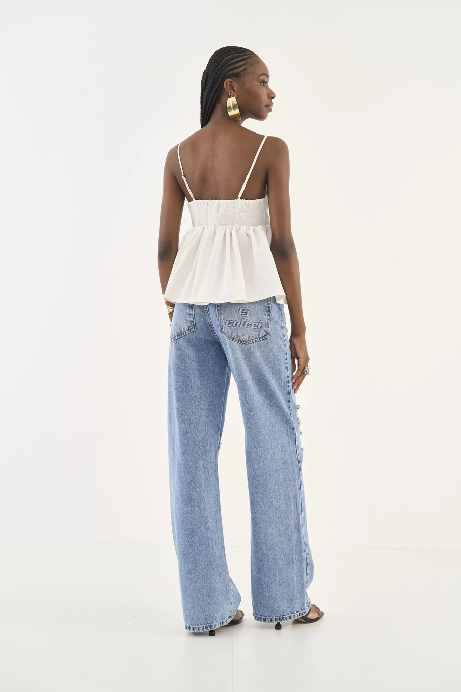 Calça Jeans Juliette Wide Leg Com Puídos Índigo