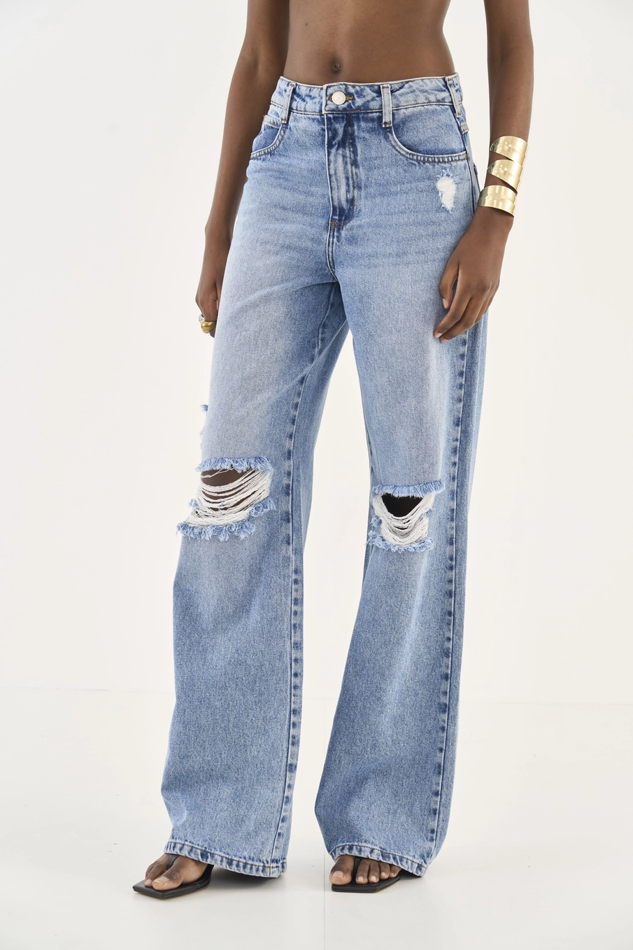 Calça Jeans Juliette Wide Leg Com Puídos Índigo