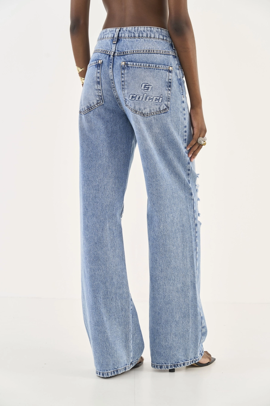 Calça Jeans Juliette Wide Leg Com Puídos Índigo