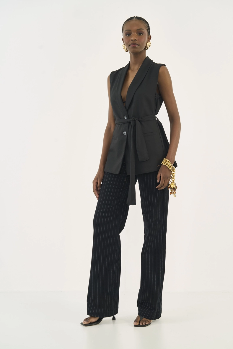 Calça Em Sarja Listrada Juliette Wide Leg