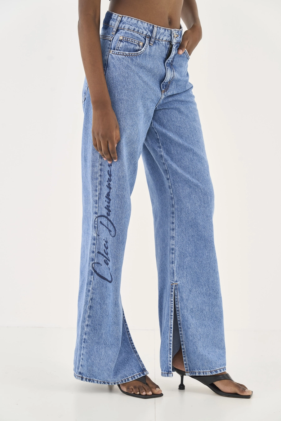 Calça Jeans Juliette Wide Leg Com Bordado Índigo