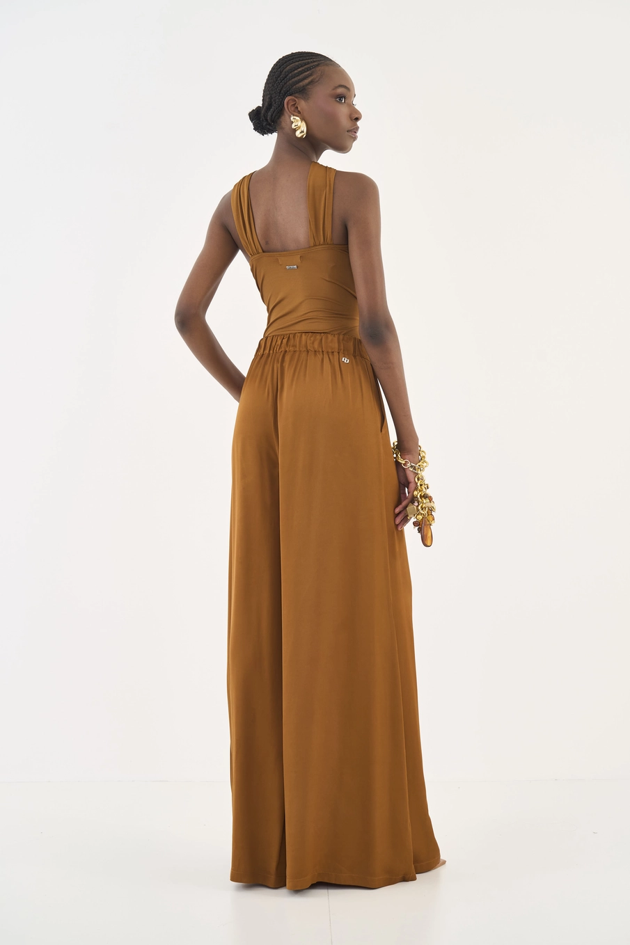 Calça Palazzo Pantalona Acetinada Marrom