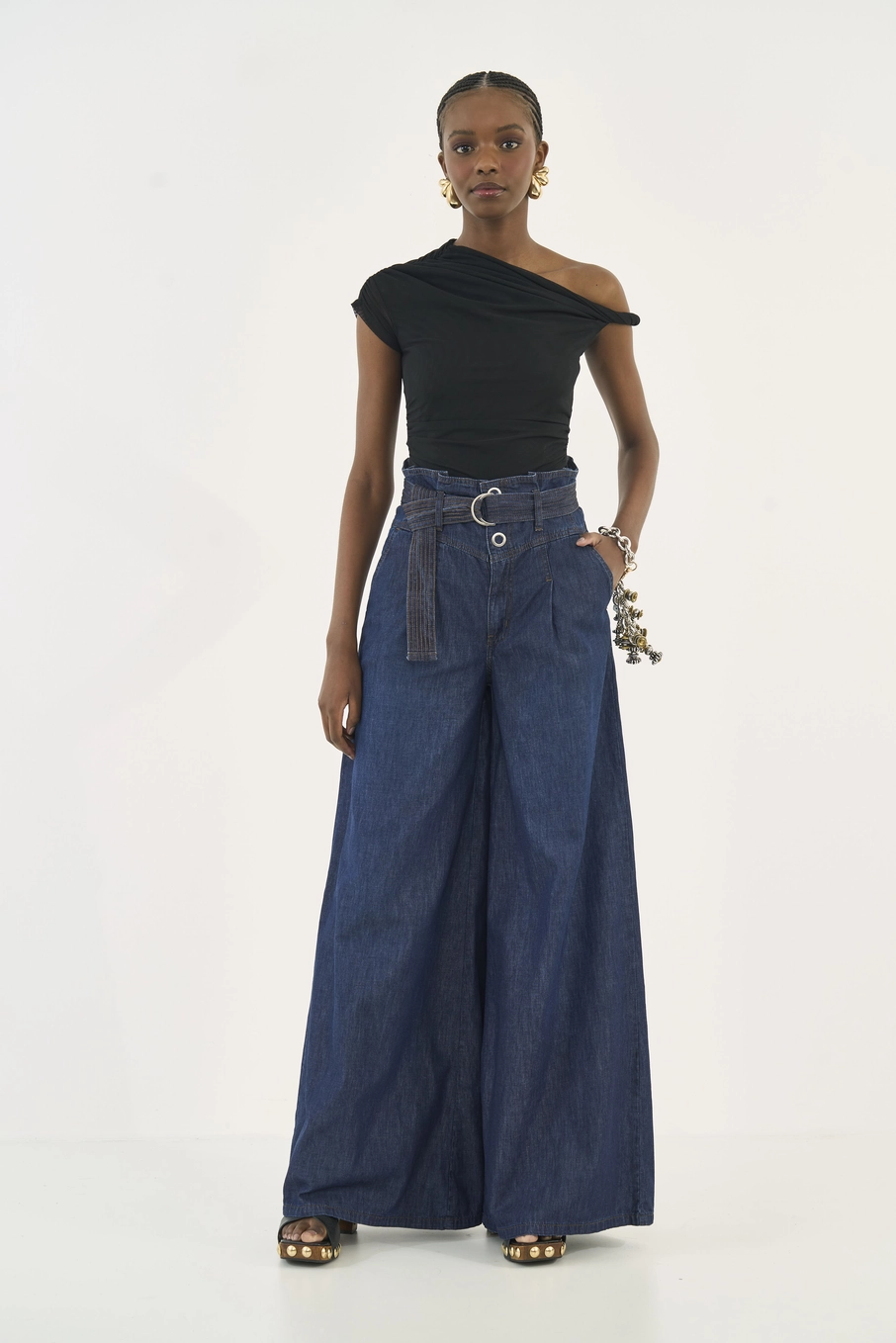 Calça Jeans Silvia Pantalona Com Cinto Índigo