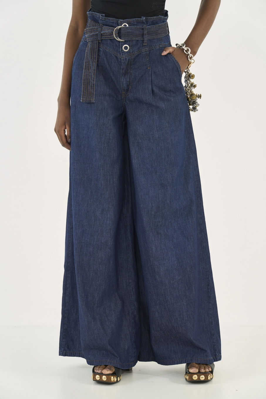 Calça Jeans Silvia Pantalona Com Cinto Índigo