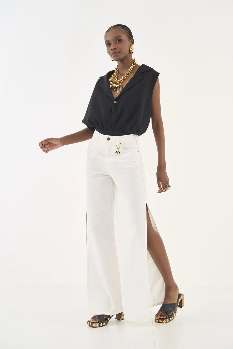 Calça Em Sarja Juliette Wide Leg Com Vazado