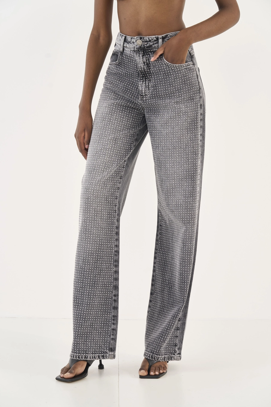 Calça Jeans Wide Leg Juliette Com Aplicação Indigo Preto