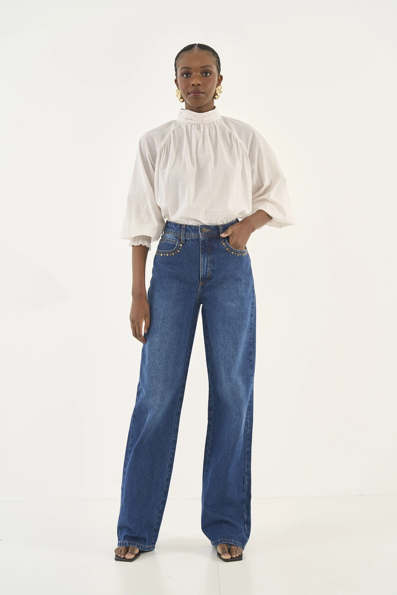 Calça Jeans Juliette Wide Leg Com Aplicação