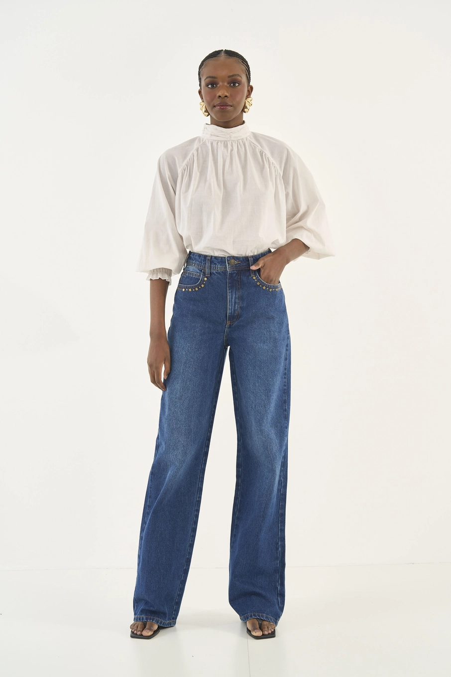 Calça Jeans Juliette Wide Leg Com Aplicação Índigo