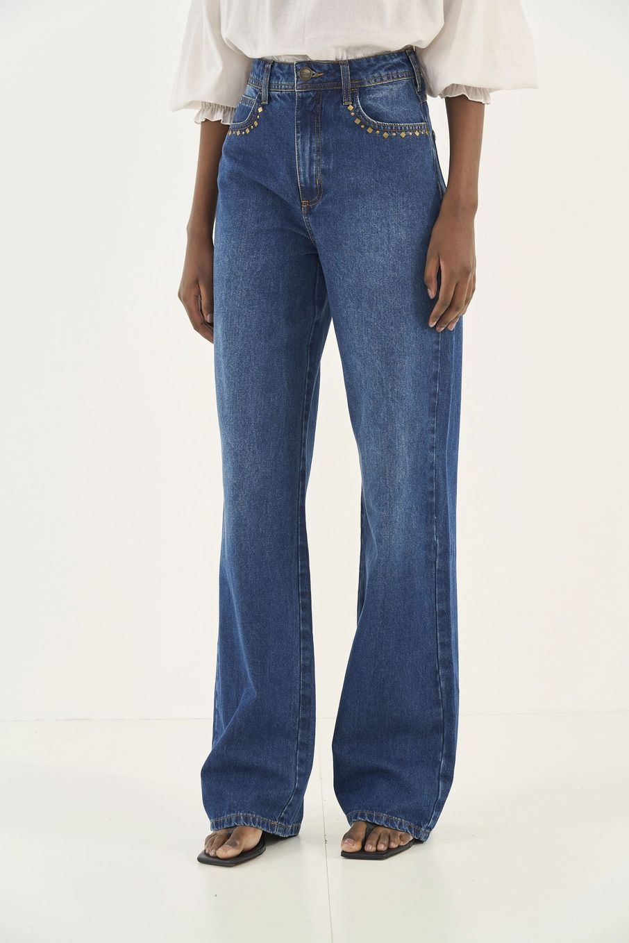 Calça Jeans Juliette Wide Leg Com Aplicação Índigo