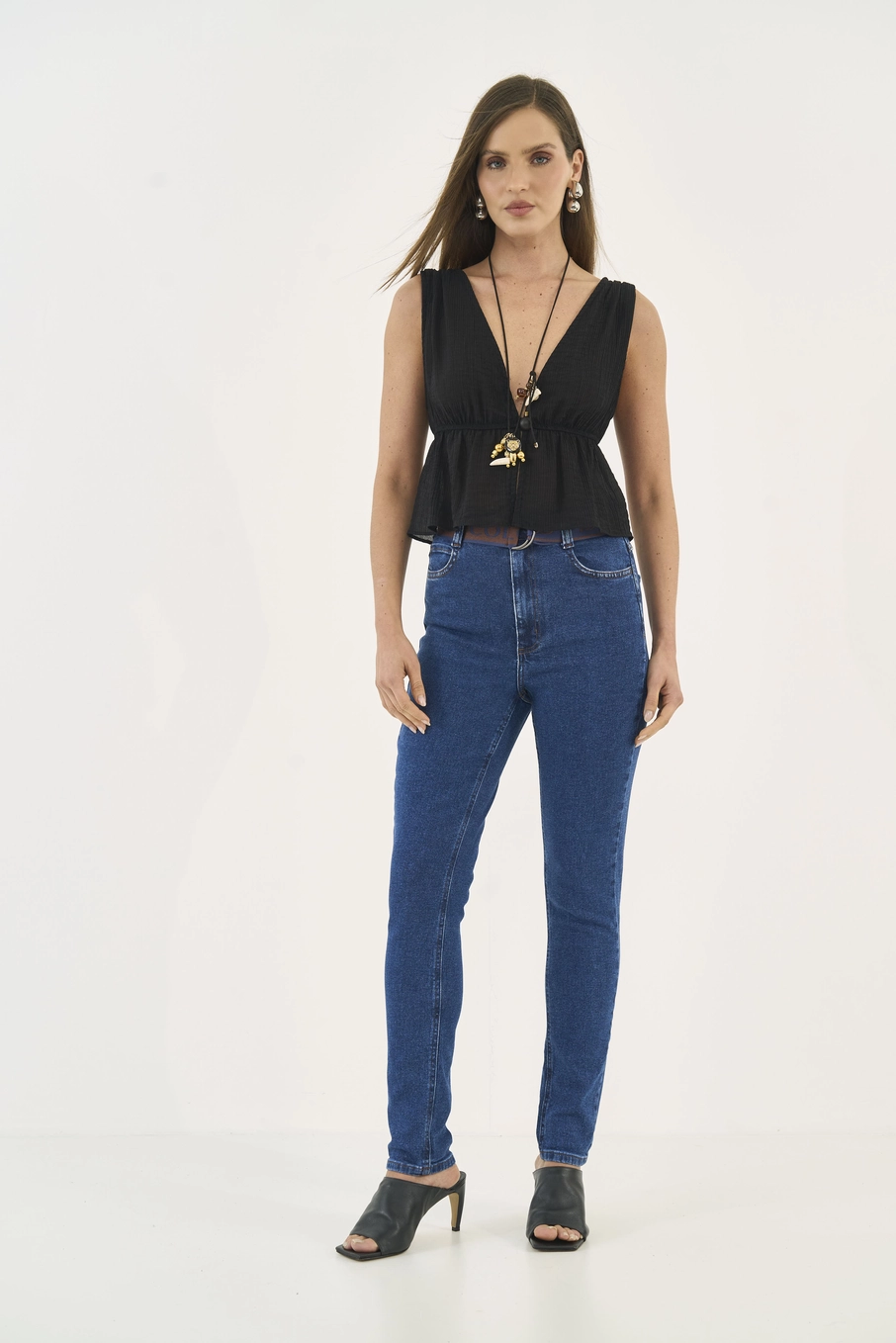 Calça Jeans Bruna Justa Com Cinto Índigo