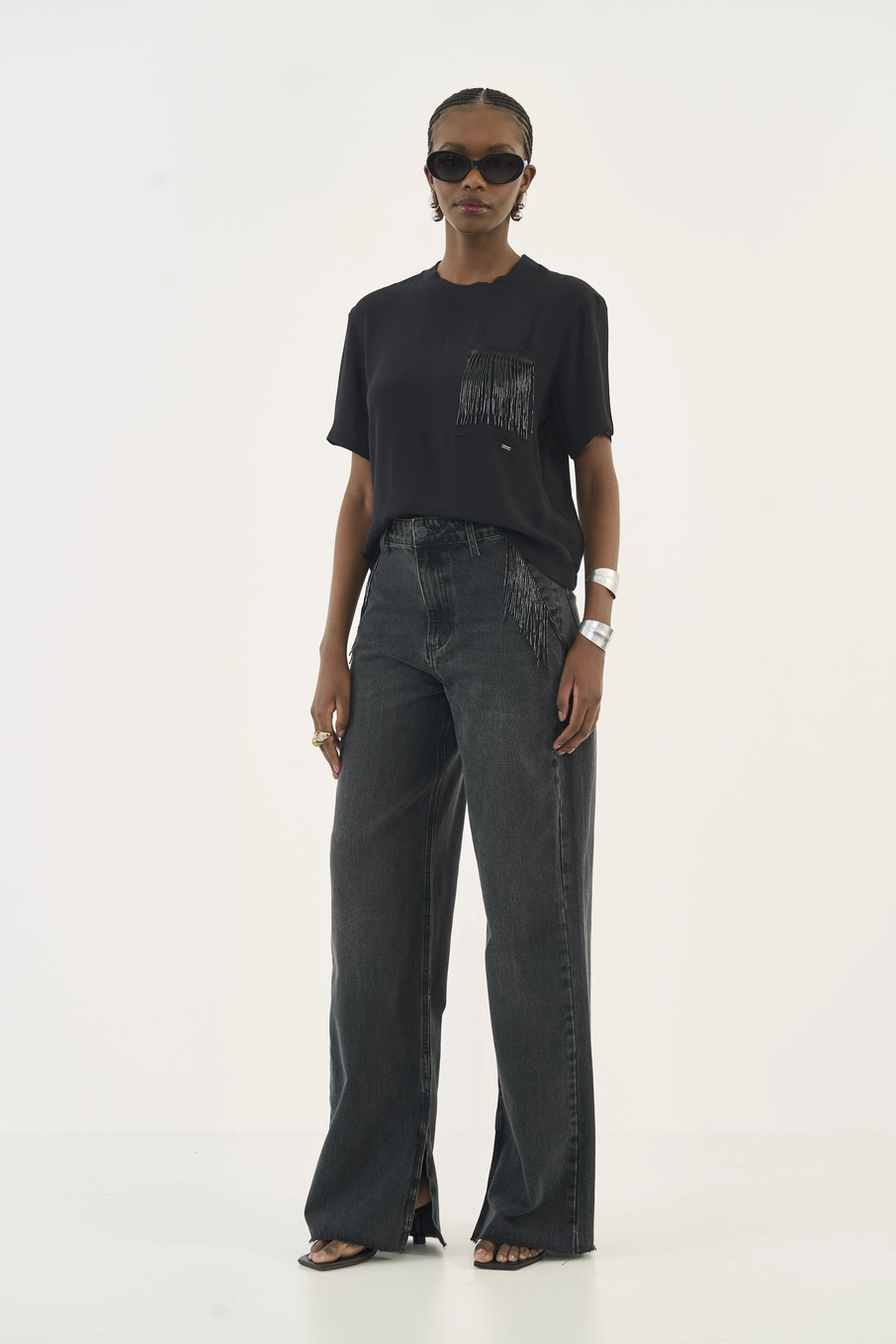 Calça Jeans Juliette Wide Leg Com Aplicação Indigo Preto