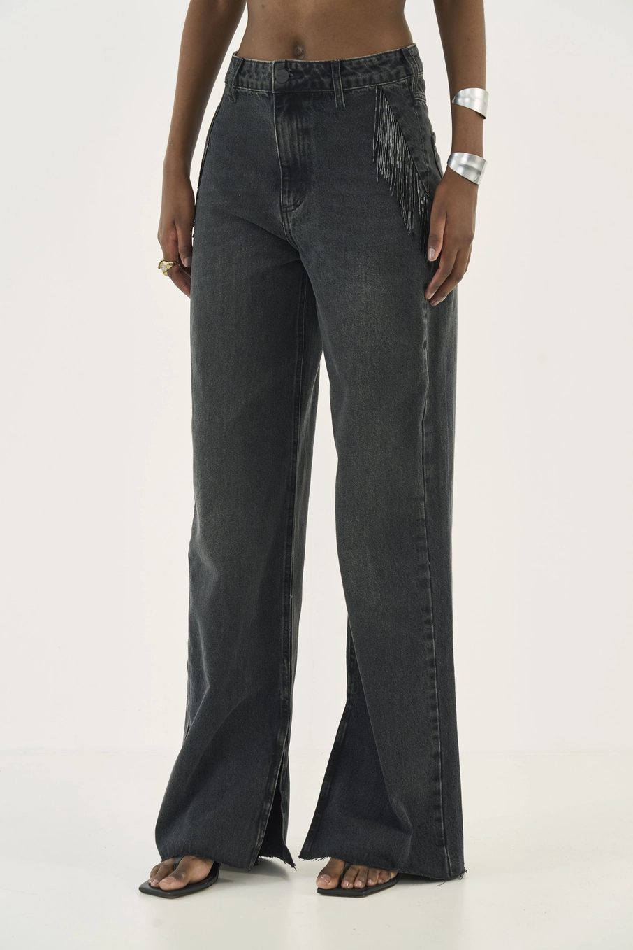 Calça Jeans Juliette Wide Leg Com Aplicação Indigo Preto