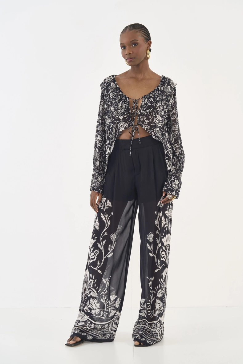 Calça Pantalona Estampada Com Transparência