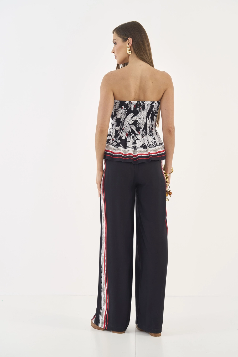 Calça Pantalona Com Estampa Lateral Preto
