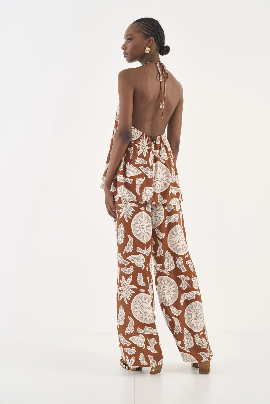 Calça Pantalona Com Estampa E Cós Elástico Estampados