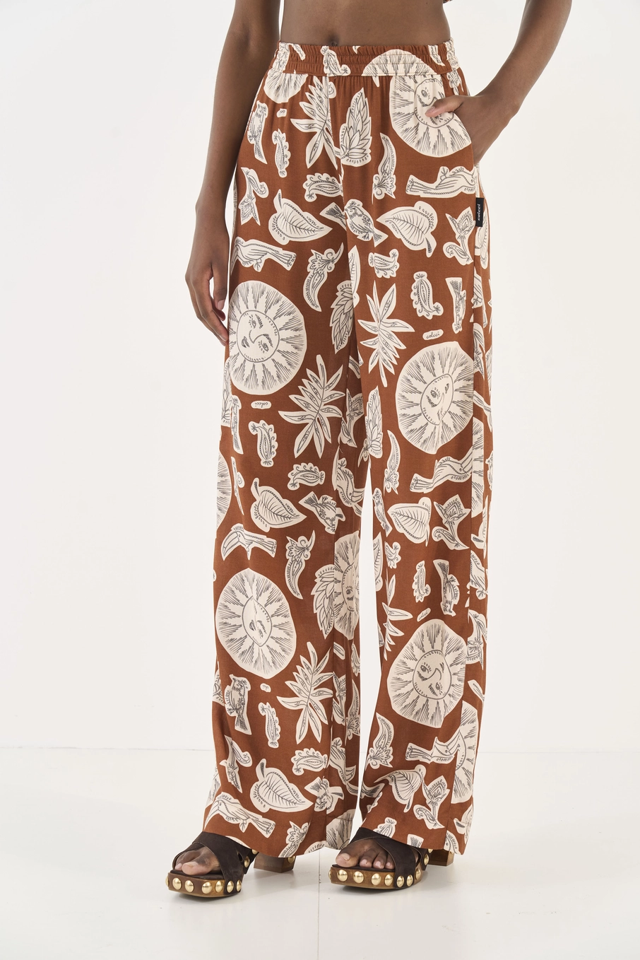 Calça Pantalona Com Estampa E Cós Elástico Estampados