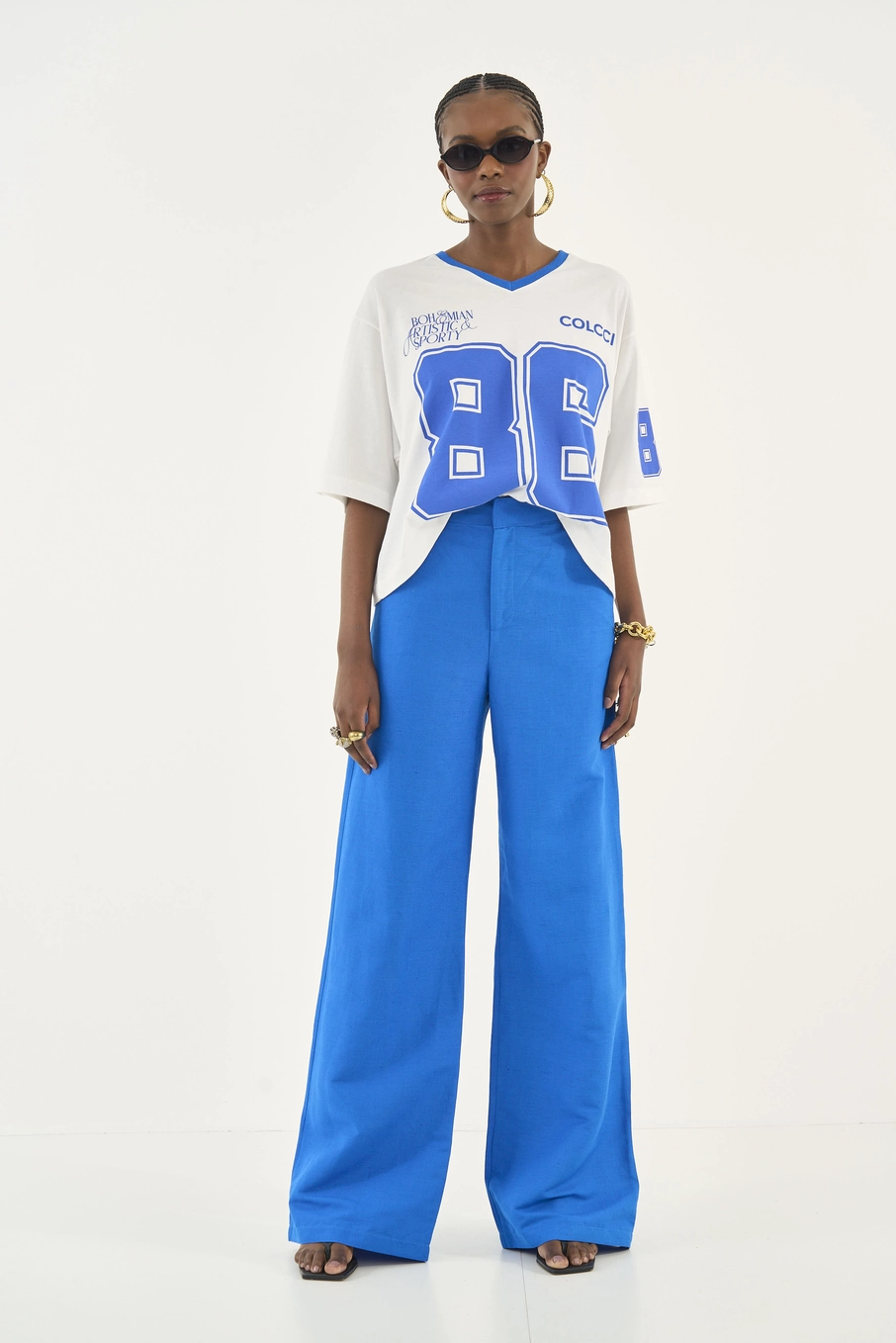 Calça Pantalona Alfaiataria Com Linho Azul