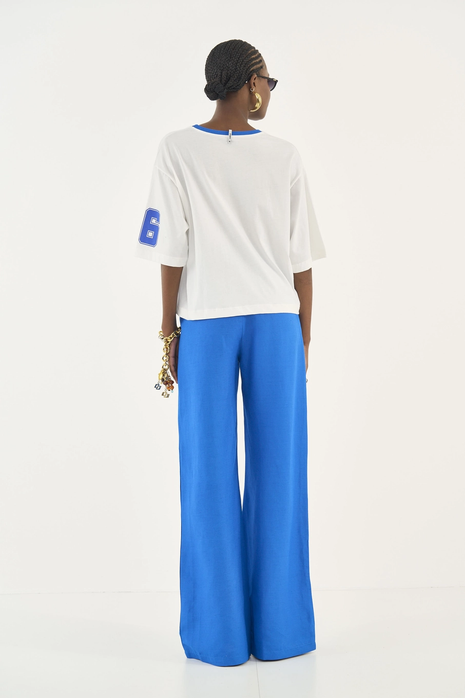 Calça Pantalona Alfaiataria Com Linho Azul