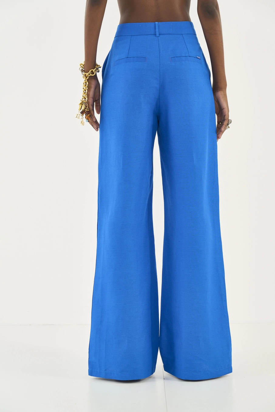 Calça Pantalona Alfaiataria Com Linho Azul
