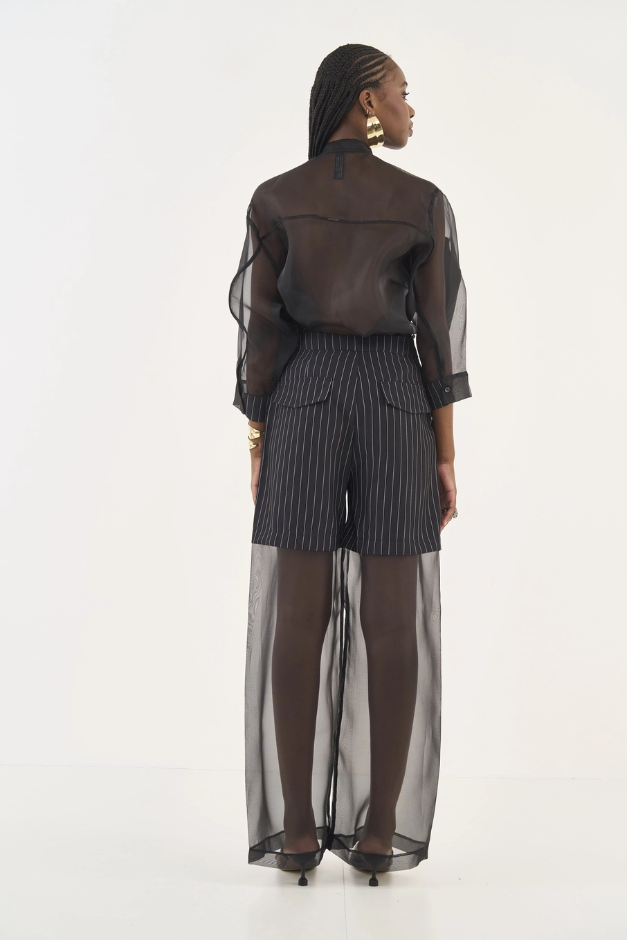 Calça Wide Leg Duas Texturas Com Listras Preto