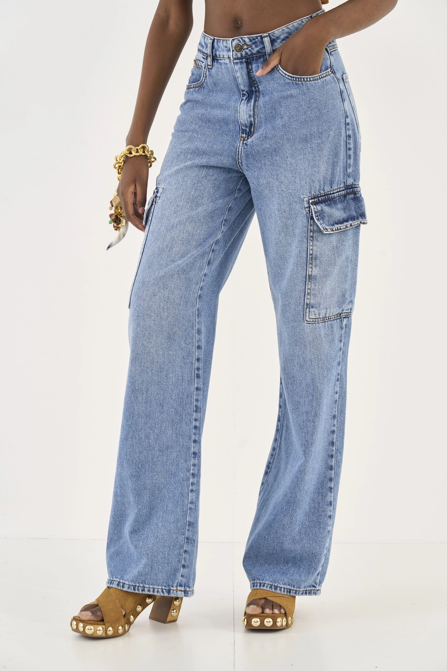 Calça Jeans Wide Leg Juliette Cargo Índigo