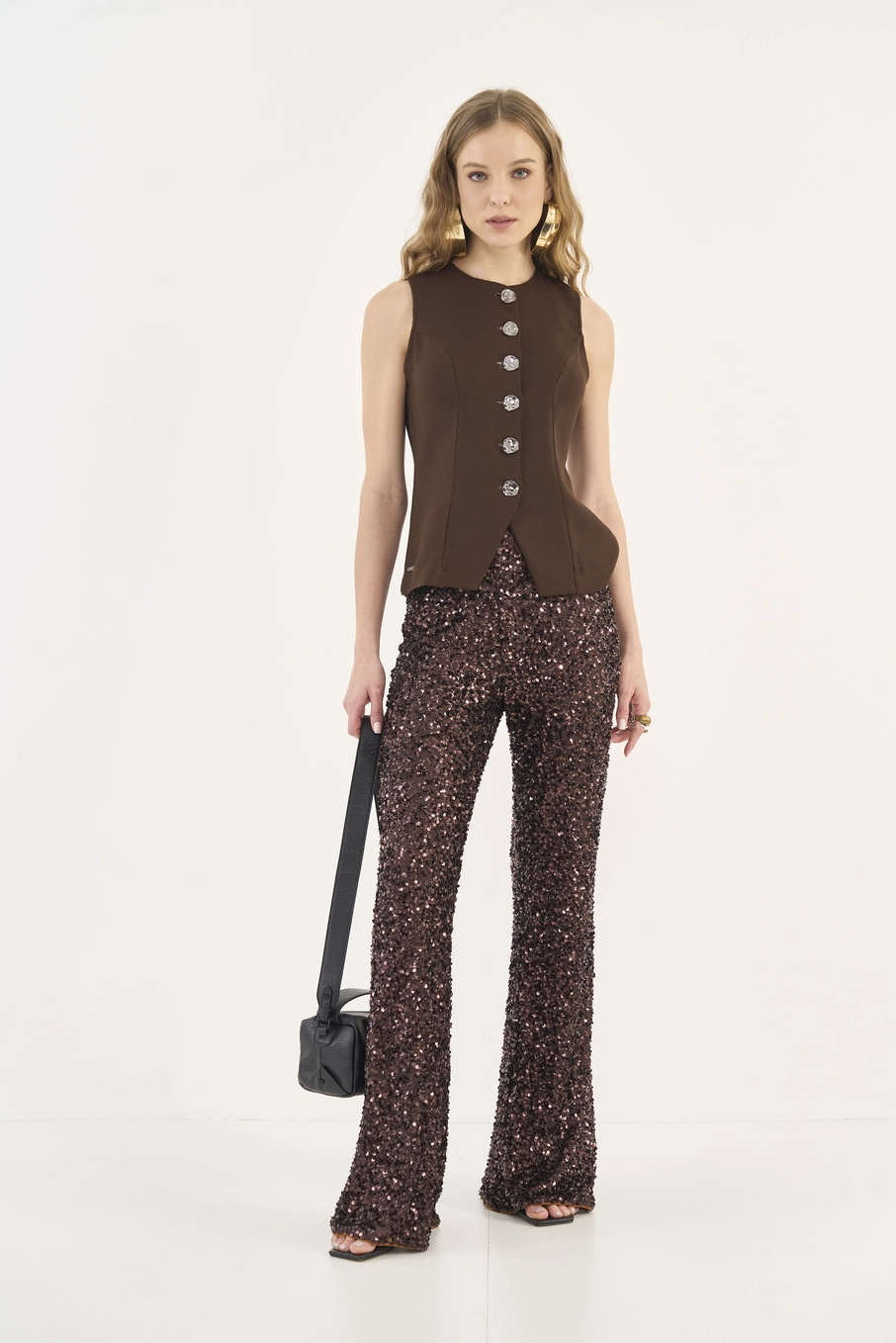 Calça Flare Com Paetê Marrom