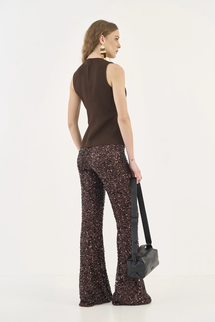 Calça Flare Com Paetê Marrom