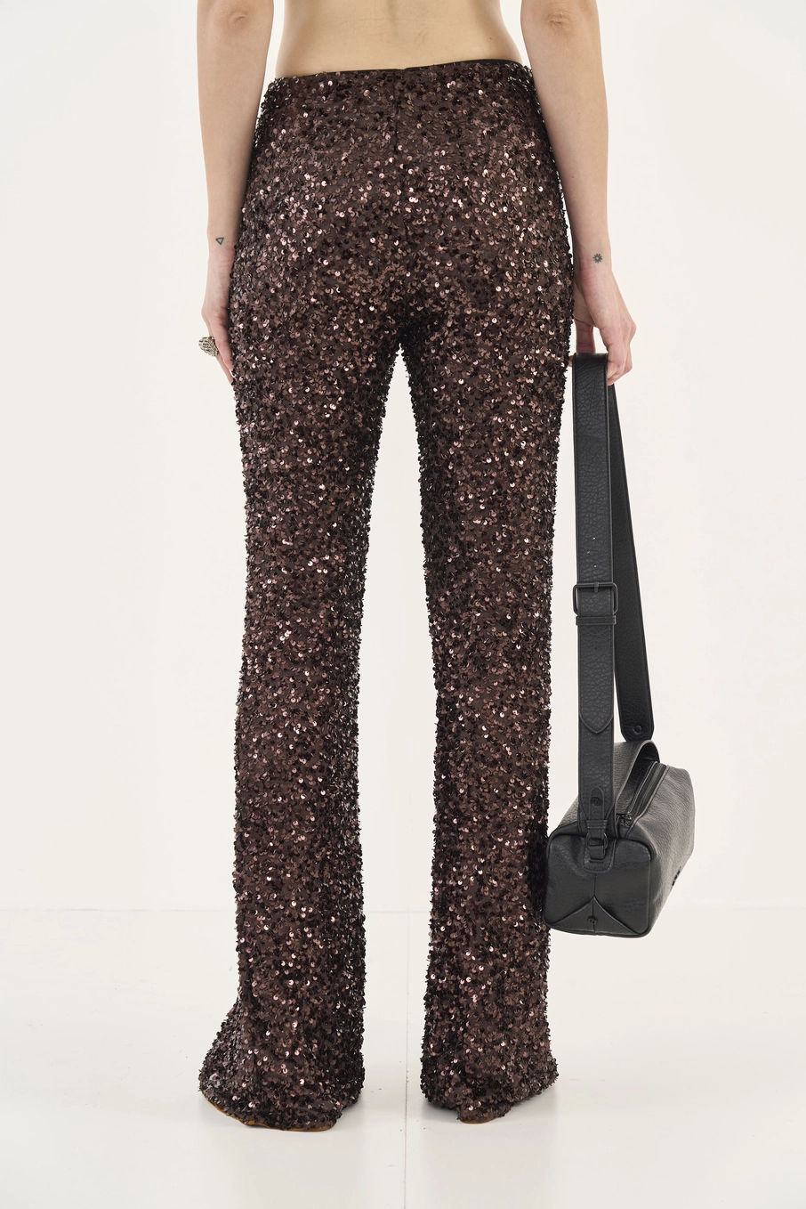 Calça Flare Com Paetê Marrom