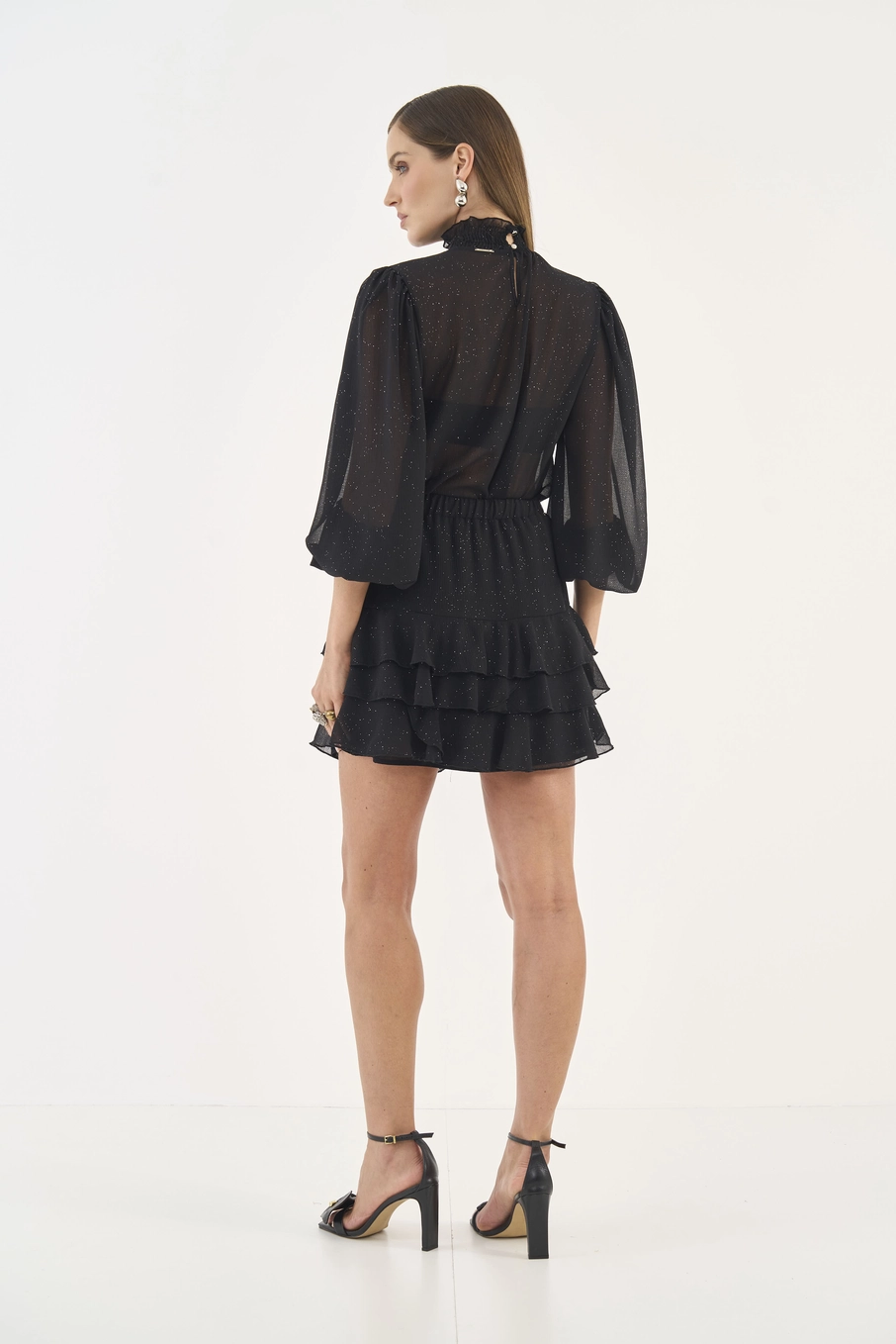 Saia Comfy Com Brilho E Babados Preto