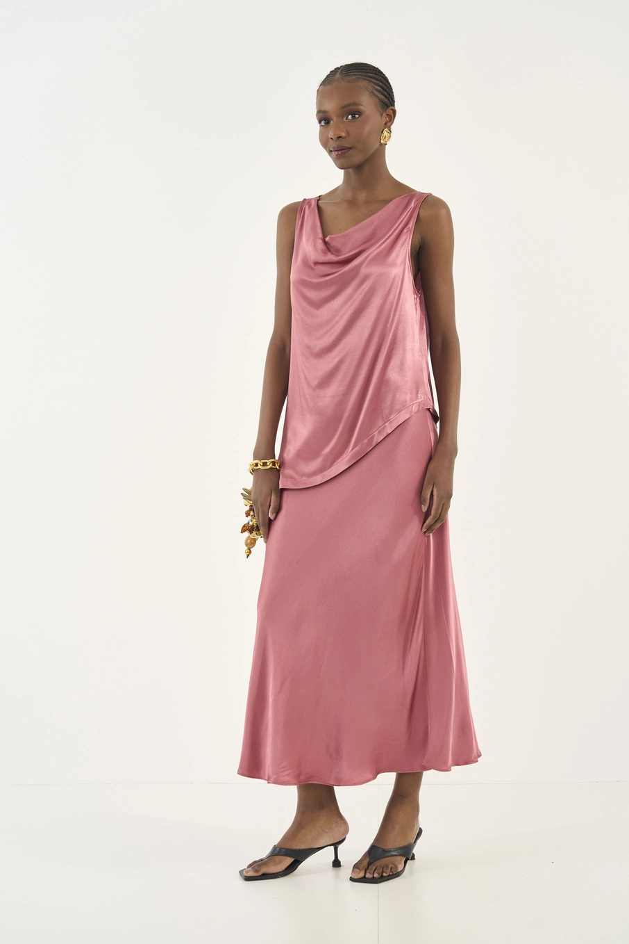 Saia Midi Acetinada Rosa