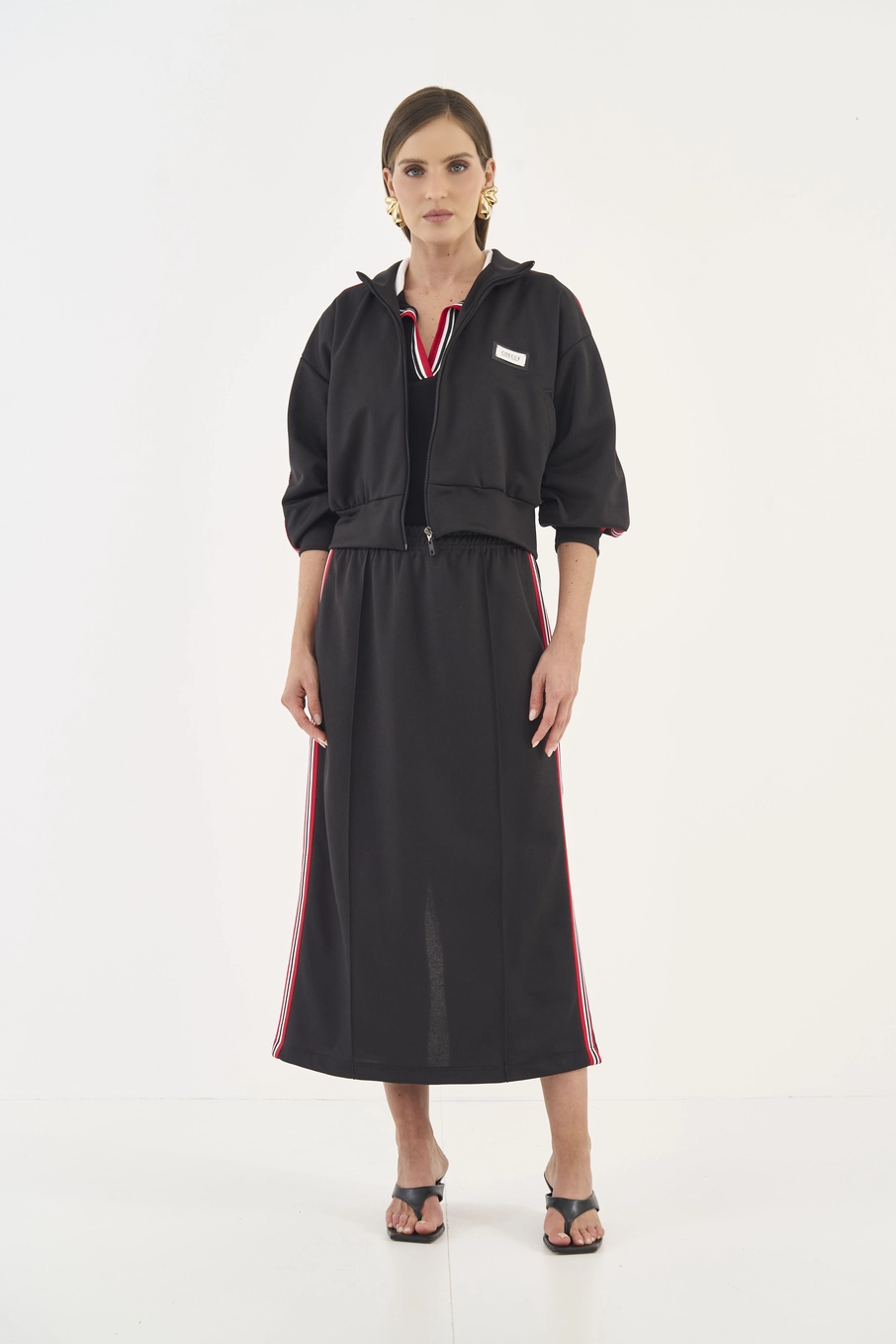 Saia Midi Comfort Com Listras Laterais Preto