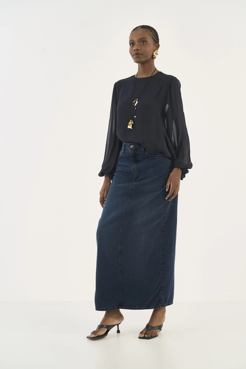 Saia Jeans Longa Com Fenda Nas Costas