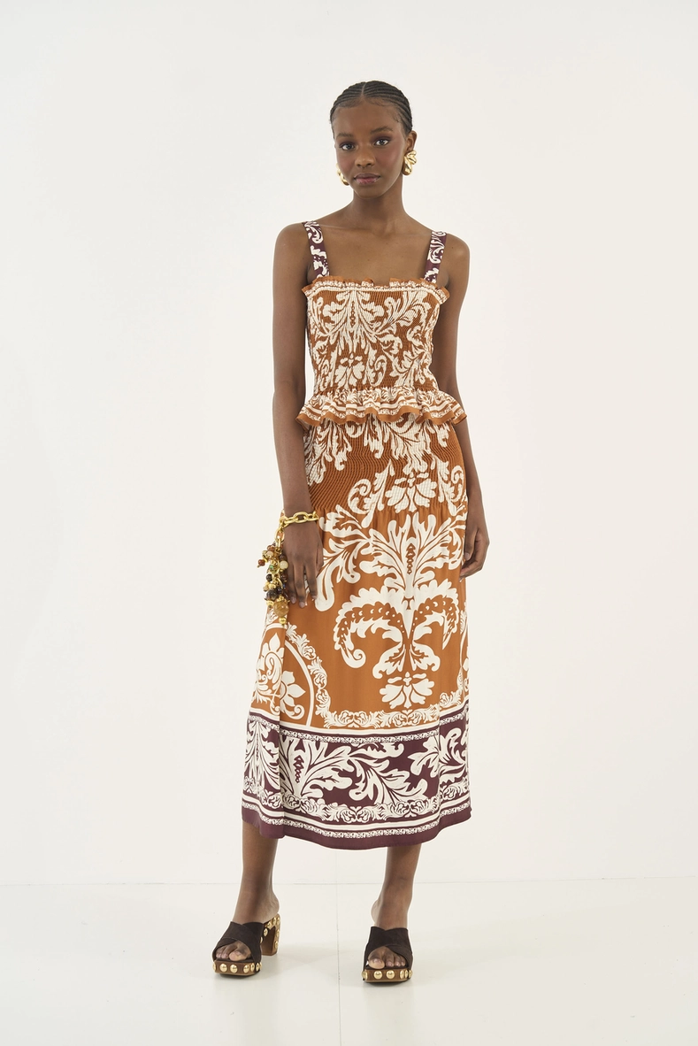 Saia Midi Estampada Com Lastex