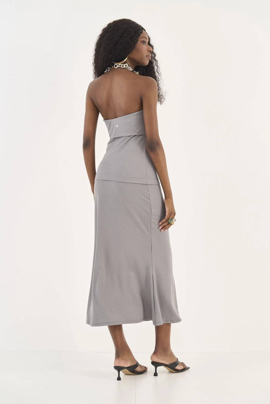 Saia Midi Canelada Comfy Cinza