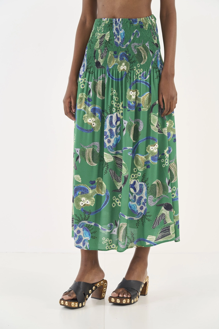 Saia Midi Estampada Com Lastex Estampados