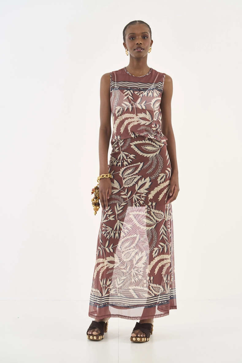 Saia Midi Estampada Em Tule