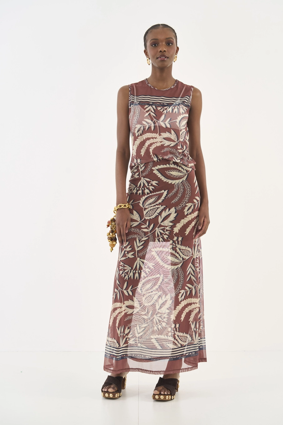 Saia Midi Estampada Em Tule Off Shell