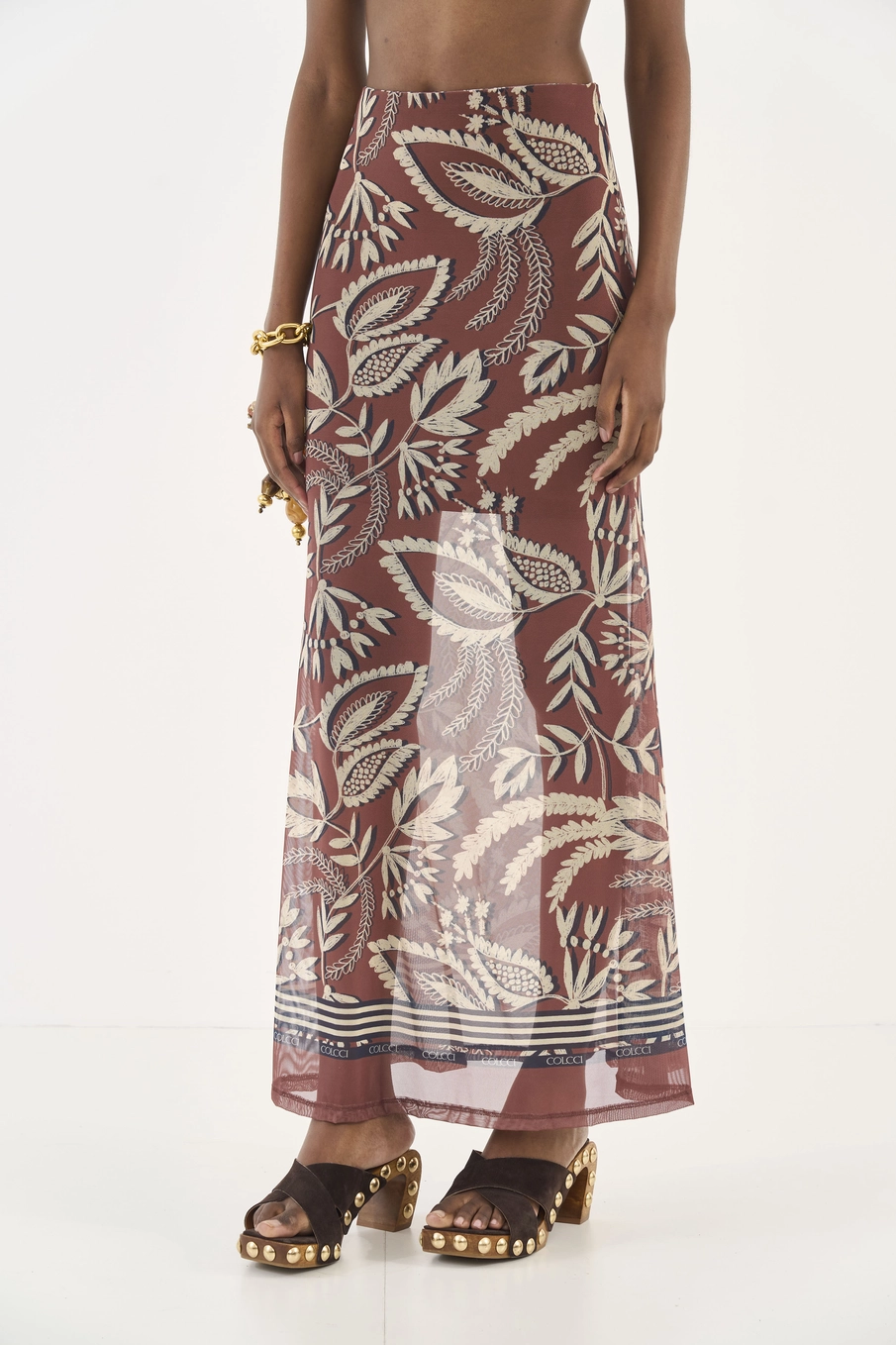 Saia Midi Estampada Em Tule Off Shell