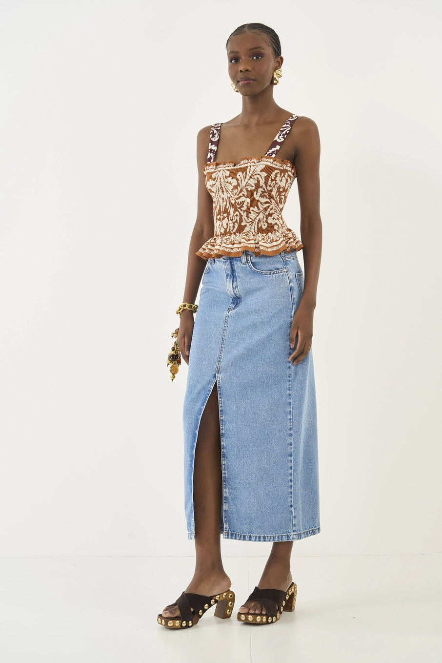 Saia Jeans Midi Com Fenda Frontal Índigo