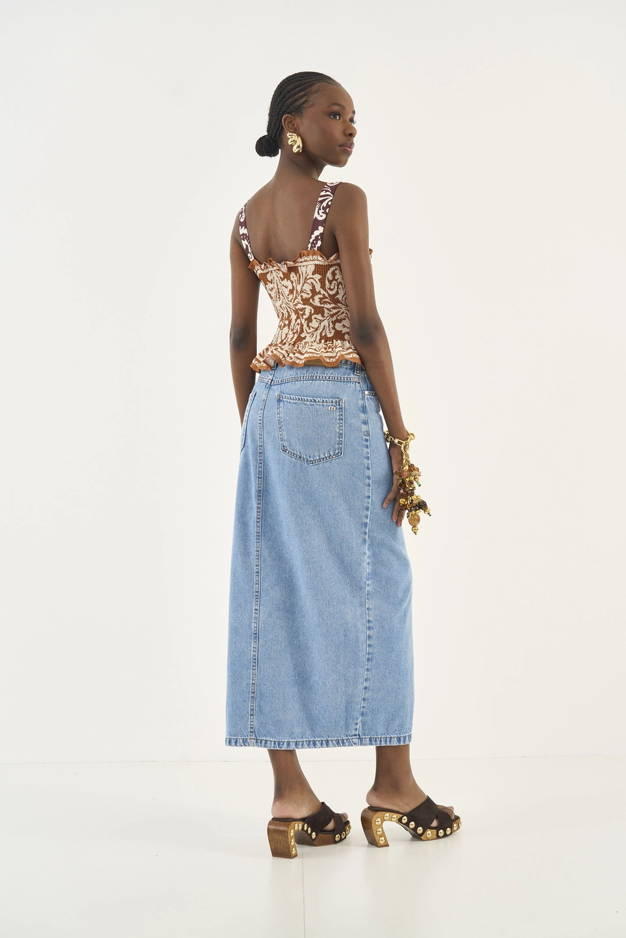Saia Jeans Midi Com Fenda Frontal Índigo