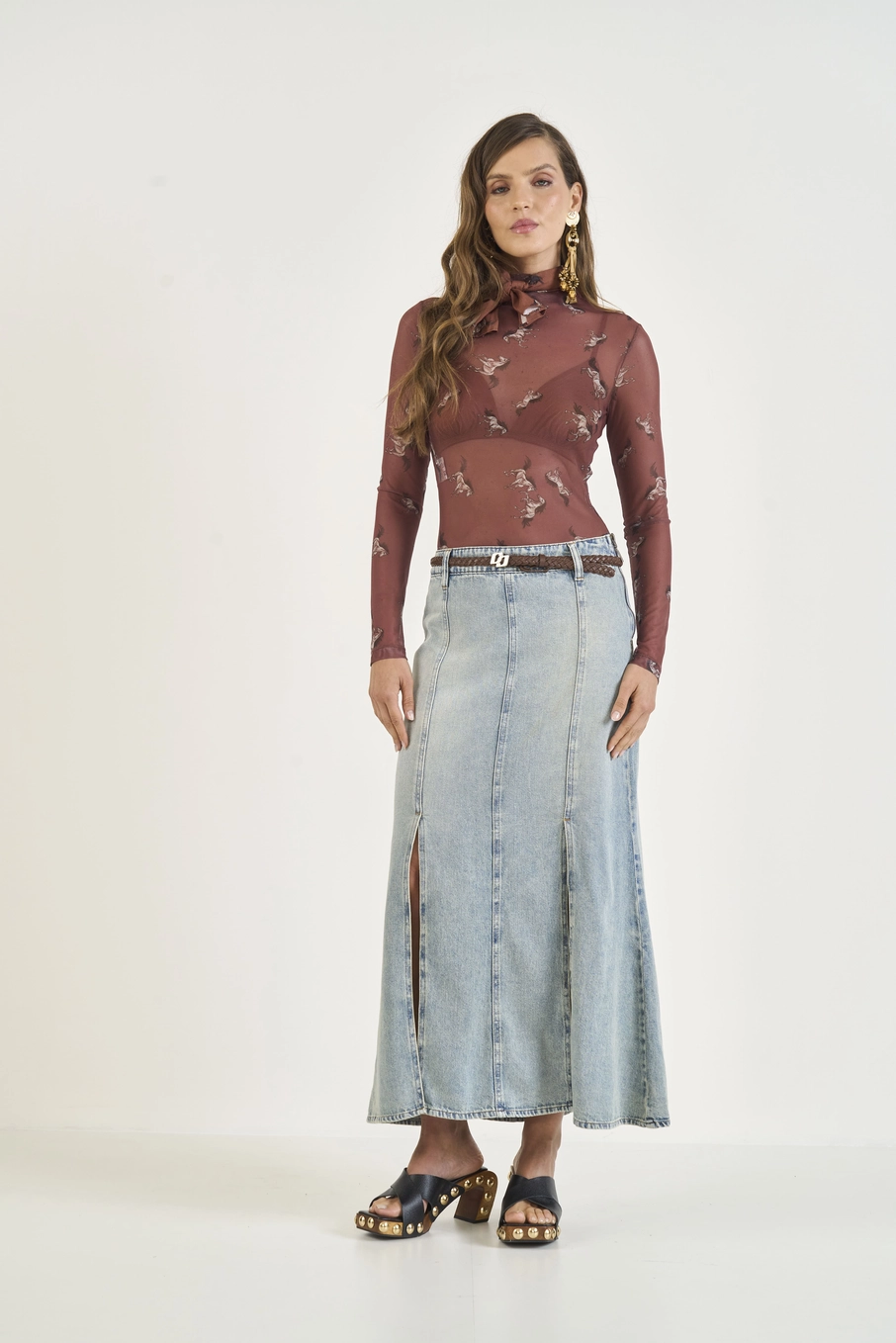 Saia Midi Jeans Com Fendas Frontais Índigo