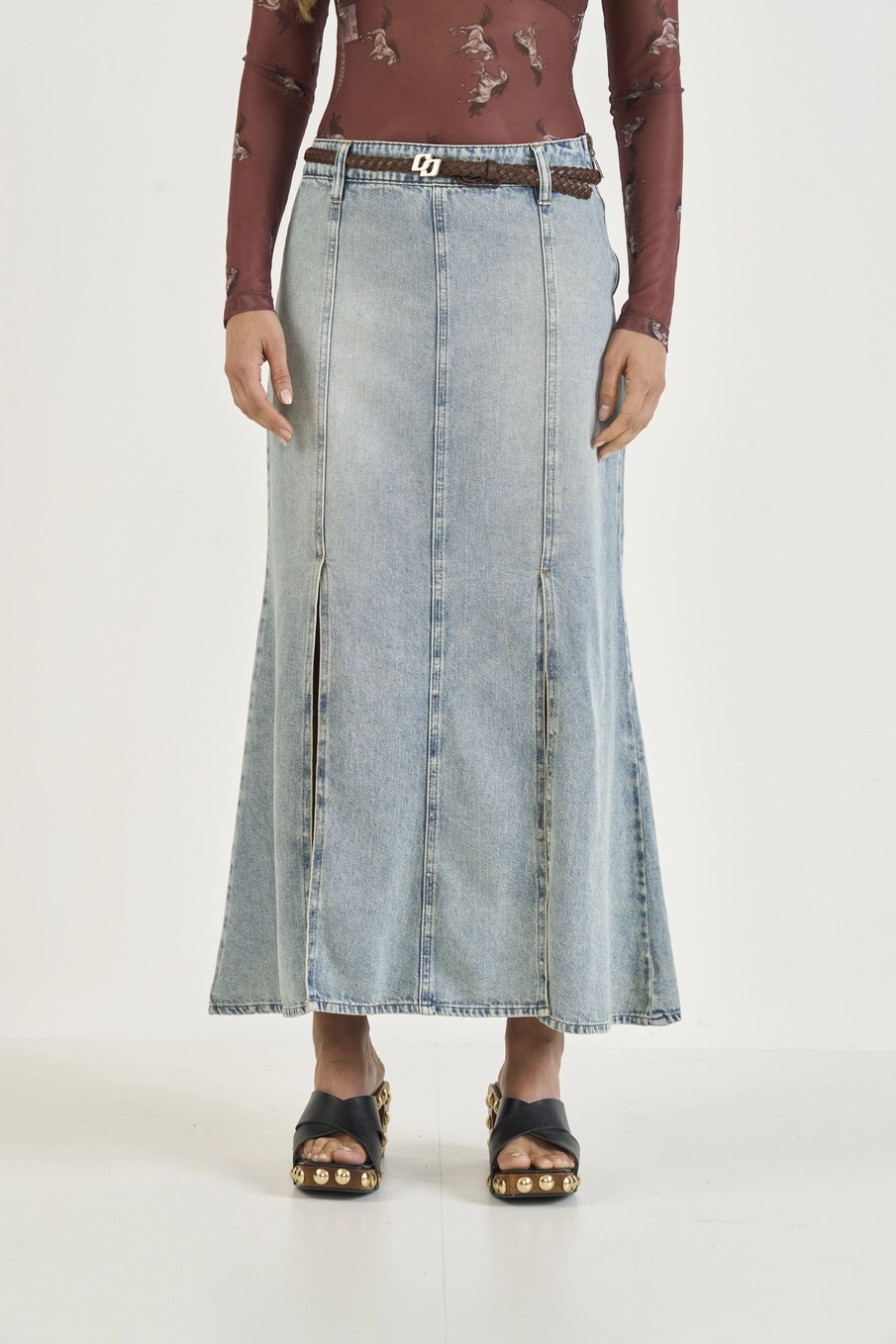 Saia Midi Jeans Com Fendas Frontais Índigo