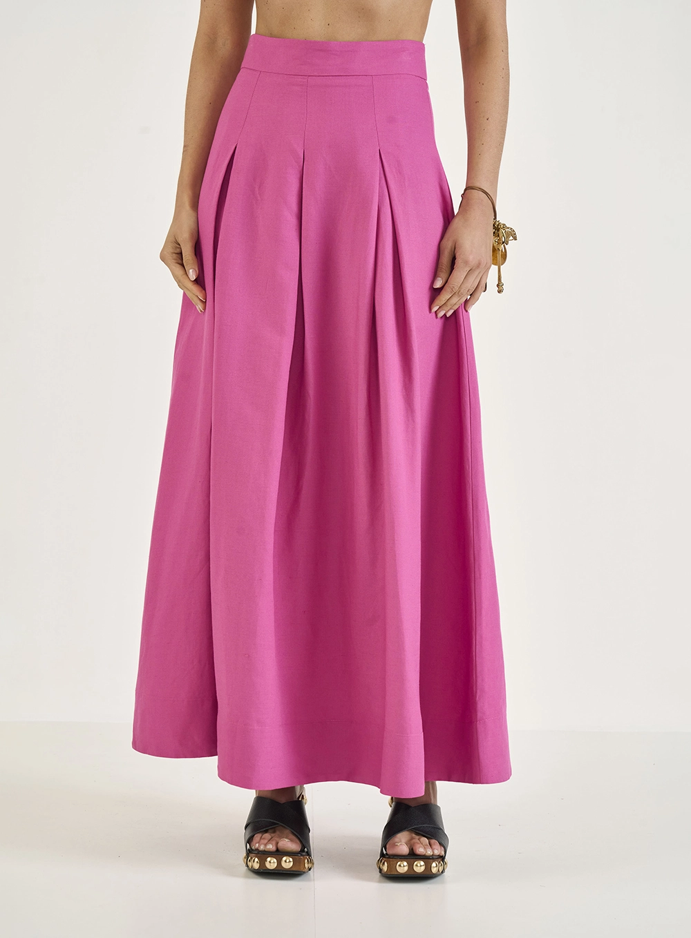 Saia Midi Ampla Com Pregas Rosa