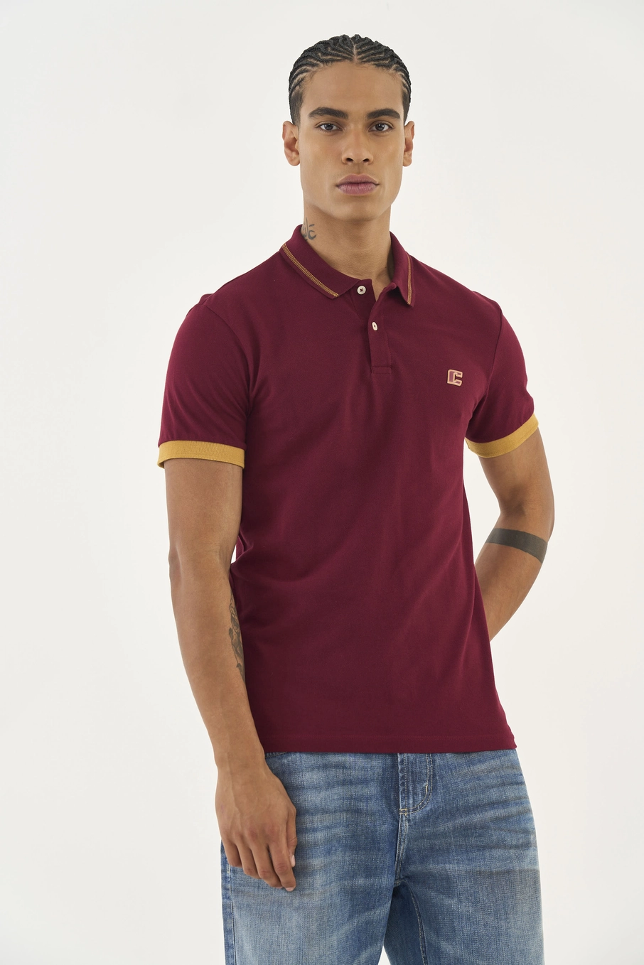 Polo Comfort Com Listra Na Manga Bordô