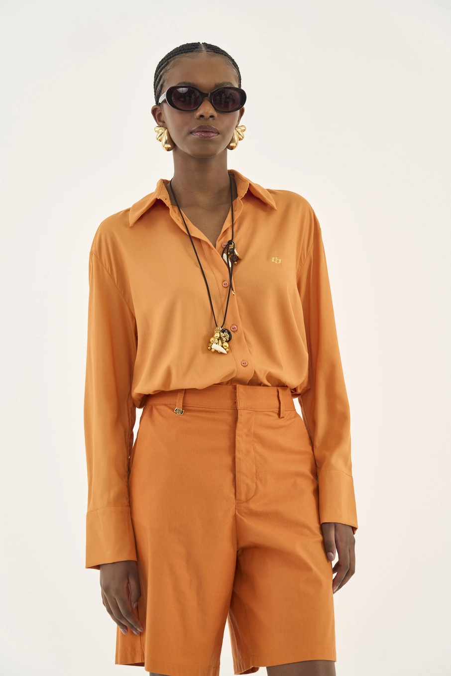 Camisa Feminina Solta Manga Longa Laranja