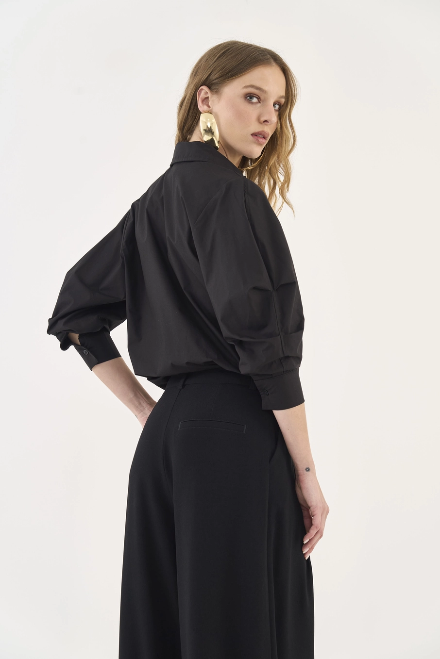 Camisa Manga Longa Em Tricoline Preto