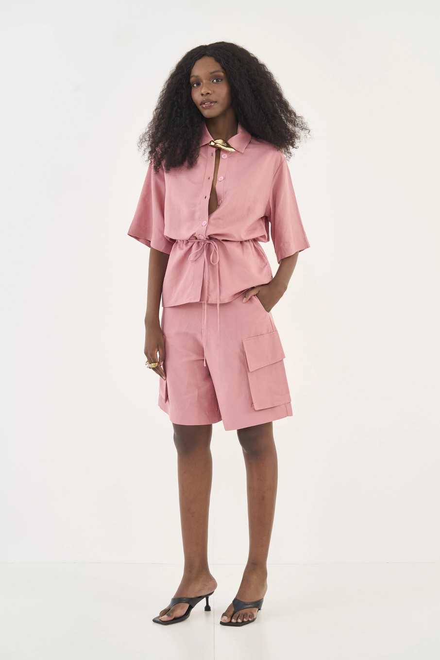 Camisa Com Linho E Cintura Regulável Rosa
